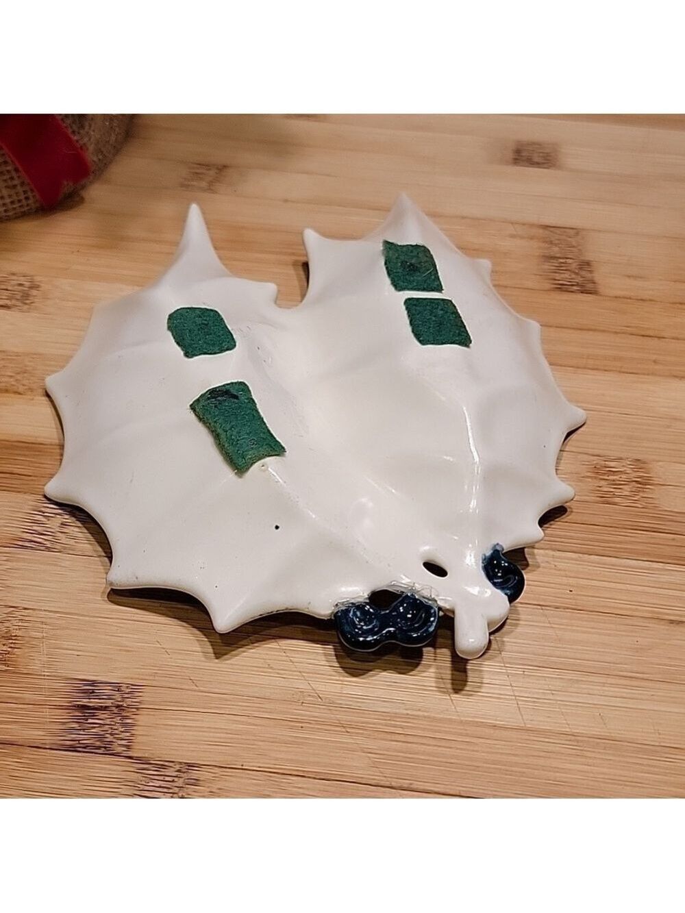 Mid Century White Ceramic Holiday Holly Leaf with Berries Candy Dish - Picture 5 of 5